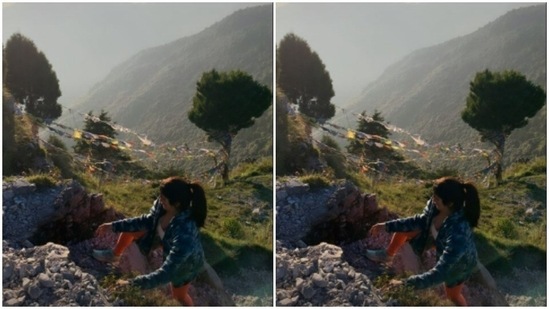 Janhvi layered her look in the hills with a blue jacket as she made her way up through the rocks.(Instagram/@janhvikapoor)