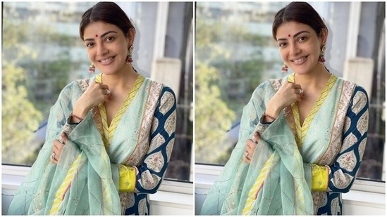 To accessorise the ethnic outfit, Kajal chose kundan drop earrings, rings, and matching bangles. A centre-parted sleek braided hairdo, nude lip shade, blushed cheeks, a dainty bindi, and a glowing face rounded off Kajal's beauty picks.(Instagram/@sayali_vidya)