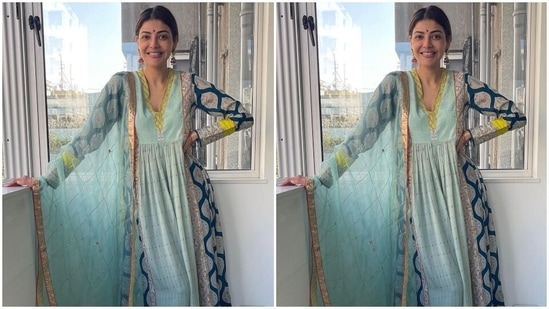 The traditional set features an anarkali kurta adorned with prints in pastel green, deep blue, and yellow shades. It came decorated with patti borders, floral patterns, a fit-and-flare silhouette, long sleeves, and a plunging V neckline.(Instagram/@sayali_vidya)