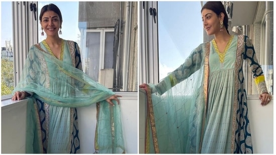 Kajal teamed the kurta with deep blue wide-leg pants adorned with embellished gota patti and scalloped hem. A zari dupatta featuring two-way gold and yellow borders and multi-coloured tassels rounded off Kajal's Karva Chauth ensemble.(Instagram/@sayali_vidya)