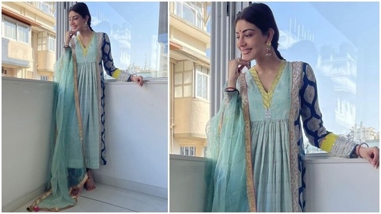 Celebrity stylist Sayali Vidya took to Instagram to share pictures of Kajal's Karva Chauth look. The star chose a pastel-hued anarkali set from the shelves of the clothing label Raji Ramniq. She teamed the ensemble with jewels from Curio Cottage. With this look, Kajal once again proved that she can slay the simple yet elegant look like no one else.(Instagram/@sayali_vidya)