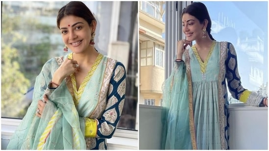 The festive season means revamping your wardrobe to create some standout fashion moments. And in case you are in a fix right now, Kajal Aggarwal's gorgeous look in a printed anarkali set will definitely revamp your wardrobe. The star wore the ensemble for the Karva Chauth celebrations with her husband, Gautam Kitchlu.(Instagram/@sayali_vidya)