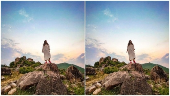 Dressed in a white long kurta, Nushrratt climbed a huge rock and spread her arms to the wind.(Instagram/@nushrrattbharuccha)