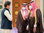 Riyadh: In this photo provided by the Saudi Royal Palace, Saudi Crown Prince Mohammed bin Salman, right, greets Pakistan's prime minister Imran Khan, left, during the Green Initiative Summit in Riyadh, Saudi Arabia, on Monday, Oct. 25. (AP)