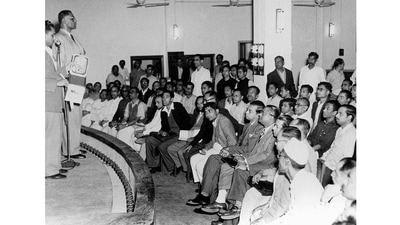 A training session for presiding officers of the general election in West Bengal in February, 1952. (Courtesy Publicity Department, West Bengal via Photo Division. PIB)