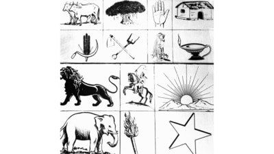 Designs approved by the Election Commission for the use in the elections by the parties contesting; top row (left to right): Congress (two bulls), Socialist Party (tree), Forward Bloc (hand), Kisan Mazdoor Praja Party (hut). Second row (left to right): Communist Party (corn ears and a sickle), Revolutionary Socialist Party (spade and stoker), Krishikar Lok Sabha Kar Party (cultivator winnowing grain), Jan Sangh (Diwali lamp). Third row (left to right): Forward Bloc (lion), Marxists Hindu Maha Sabha (rider on a horse), Ram Rajya Parishad (rising sun). Bottom row (left to right): Scheduled Caste Federation (elephant), Revolutionary Communist Party (flaming torch or Mashal), Bolshevist Party (star), December, 1951. (Courtesy Election Commission via Photo Division, PIB)