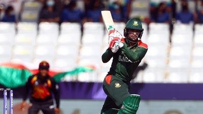 Shakib Al Hasan of Bangladesh plays a shot during the ICC Men's T20 World Cup match between Bangladesh and PNG. (ANI) Shakib Al Hasan of Bangladesh plays a shot during the ICC Men's T20 World Cup match between Bangladesh and PNG. (ANI)