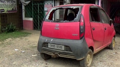 A car damaged in Tripura's North district after violence broke out followed by a Vishwa Hindu Parishad (VHP) rally, in Dharmanagar on Wednesday. (ANI Photo) (ANI) A car damaged in Tripura's North district after violence broke out followed by a Vishwa Hindu Parishad (VHP) rally, in Dharmanagar on Wednesday. (ANI Photo) (ANI)