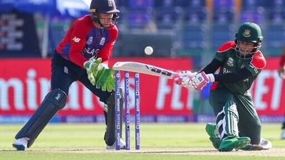 Bangladesh's Mushfiqur Rahim, right, bats during the Cricket Twenty20 World Cup match between England and Bangladesh in Abu Dhabi, UAE, Wednesday, Oct. 27, 2021. (AP Photo/Aijaz Rahi) (AP) Bangladesh's Mushfiqur Rahim, right, bats during the Cricket Twenty20 World Cup match between England and Bangladesh in Abu Dhabi, UAE, Wednesday, Oct. 27, 2021. (AP Photo/Aijaz Rahi) (AP)
