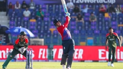 England's Jason Roy hits the ball for six runs during the Cricket Twenty20 World Cup match between England and Bangladesh in Abu Dhabi, UAE, Wednesday, Oct. 27, 2021. (AP Photo/Aijaz Rahi) (AP) England's Jason Roy hits the ball for six runs during the Cricket Twenty20 World Cup match between England and Bangladesh in Abu Dhabi, UAE, Wednesday, Oct. 27, 2021. (AP Photo/Aijaz Rahi) (AP)