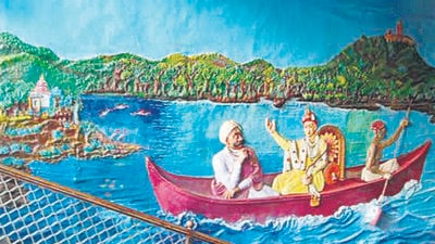 A mural of Sawai Madhavrao Peshwa in discussion with Mahadji Shinde while boating in Parvati lake at Sarasbaug. (Saili k Palande-Datar/HT photos) A mural of Sawai Madhavrao Peshwa in discussion with Mahadji Shinde while boating in Parvati lake at Sarasbaug. (Saili k Palande-Datar/HT photos)