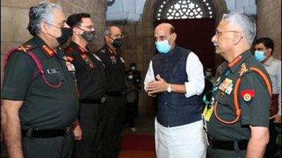 Defence minister Rajnath Singh attended the ongoing commanders’ conference on Wednesday. (TWITTER/@DefenceMinIndia.) Defence minister Rajnath Singh attended the ongoing commanders’ conference on Wednesday. (TWITTER/@DefenceMinIndia.)