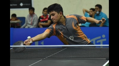 PB Abhinand in action during the UTT National Ranking North Zone Table Tennis Championships at Multipurpose Sports Complex in Sector 78, Mohali, on Wednesday. (HT photo)