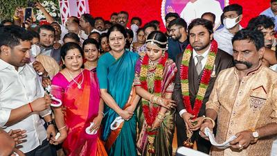 Former AIADMK general secretary VK Sasikala attends AMMK general secretary TTV Dhinakaran's daughter reception in Thanjavur on Wednesday. (PTI) Former AIADMK general secretary VK Sasikala attends AMMK general secretary TTV Dhinakaran's daughter reception in Thanjavur on Wednesday. (PTI)