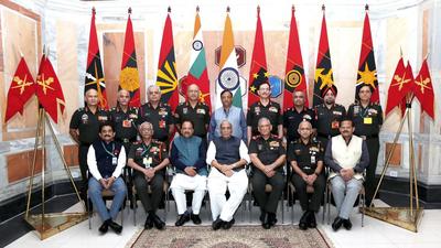Defence minister Rajnath Singh with Army officials during the Army Commanders' Conference in New Delhi Wednesday. (PTI) Defence minister Rajnath Singh with Army officials during the Army Commanders' Conference in New Delhi Wednesday. (PTI)