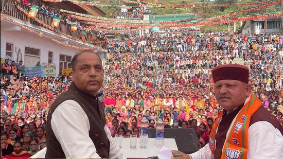 chief minister Jai Ram Thakur, while canvassing for the Himachal bypolls, said the grand old party had been decimated and only its name remained. (Birbal Sharma/HT)