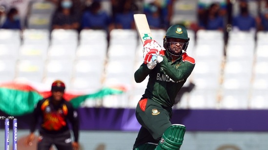 Shakib Al Hasan of Bangladesh plays a shot during the ICC Men's T20 World Cup match between Bangladesh and PNG. (ANI)