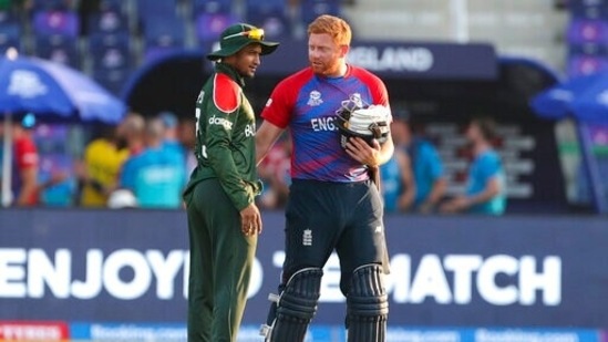 Emirates T20 World Cup Cricket 111 1635342577128 1635342625550 England's Jonny Bairstow, right, talks with Bangladesh's Shakib Al Hasan following their Cricket Twenty20 World Cup match in Abu Dhabi, UAE, Wednesday, Oct. 27, 2021. (AP Photo/Aijaz Rahi)(AP)