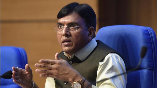 India’s health minister Mansukh Mandaviya addresses a press conference in New Delhi on Tuesday. India is expected to soon roll out guidelines for Covid-19 vaccination drive for children. (Arvind Yadav/HT PHOTO)