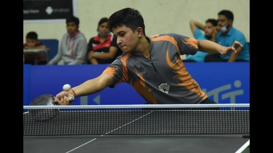 PB Abhinand in action during the UTT National Ranking North Zone Table Tennis Championships at Multipurpose Sports Complex in Sector 78, Mohali, on Wednesday. (HT photo)