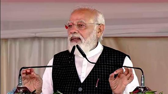 Prime Minister Narendra Modi addresses during the inauguration of the medical colleges, in Siddharthnagar on Monday. The NIA is expected to give a verdict on Wednesday on the 2013 serial blasts at his Hunkar rally in Patna. (ANI)