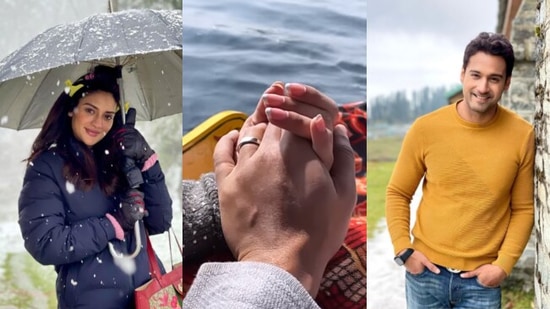 Nusrat Jahan and Yash Dasgupta in a shikara in Kashmir.&nbsp;