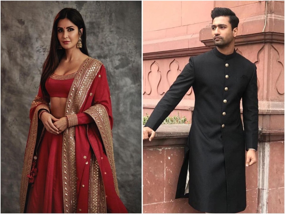 Katrina Kaif and Vicky Kaushal in Sabyasachi outfits.&nbsp;(Instagram/@katrinakaif, Facebook/@sabyaofficial)