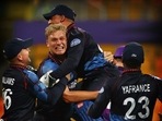 UAE, Oct 27 (ANI): Ruben Trumpelmann of Namibia celebrates the wicket of Richard Berrington of Scotland during the ICC mens Twenty20 World Cup cricket match between Scotland and Namibia at the Sheikh Zayed Cricket Stadium in Abu Dhabi on Wednesday. (ANI Photo)(ANI) UAE, Oct 27 (ANI): Ruben Trumpelmann of Namibia celebrates the wicket of Richard Berrington of Scotland during the ICC mens Twenty20 World Cup cricket match between Scotland and Namibia at the Sheikh Zayed Cricket Stadium in Abu Dhabi on Wednesday. (ANI Photo)(ANI)