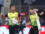 Australia's Marcus Stoinis, left, and Steven Smith celebrate their team win against Sri Lanka during the Cricket Twenty20 World Cup match in Dubai, UAE, Thursday, Oct. 28, 2021. (AP Photo/Aijaz Rahi)