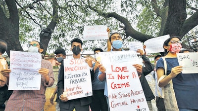 Activists participate in a protest against the killing of a 24-year-old Muslim man on September 28, in Belagavi district in Bengaluru on October 5. (AP) Activists participate in a protest against the killing of a 24-year-old Muslim man on September 28, in Belagavi district in Bengaluru on October 5. (AP)