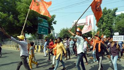 Members of Bajrang Dal protest outside Sector 20 police station in Noida on Thursday. (Sunil Ghosh/HT Photo) Members of Bajrang Dal protest outside Sector 20 police station in Noida on Thursday. (Sunil Ghosh/HT Photo)