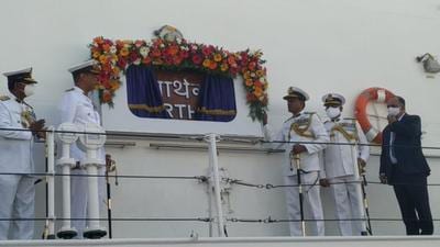 The indigenously built Indian Coast Guard Ship ‘Sarthak’ that was built at Goa Shipyard Ltd, was commissioned and dedicated to the nation on Thursday at Goa by DG K Natarajan PVSM, PTM, TM Director General Indian Coast Guard. (HT PHOTO.)