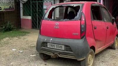 A car damaged in Tripura’s North district after violence broke out followed by a Vishwa Hindu Parishad (VHP) rally, in Dharmanagar on Wednesday. (ANI photo)