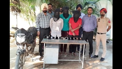 The accused and the items recovered from them in custody of Ludhiana police on Thursday.