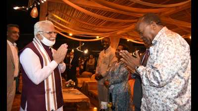 Haryana chief minister Manohar Lal Khattar welcoming the delegates from 12 African nations on the first day of the Africa-Haryana Conclave during a cultural night in Panchkula on Thursday. (Photo: Twitter) Haryana chief minister Manohar Lal Khattar welcoming the delegates from 12 African nations on the first day of the Africa-Haryana Conclave during a cultural night in Panchkula on Thursday. (Photo: Twitter)