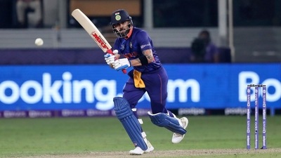 Indian cricket captain Virat Kohli bats during the Cricket Twenty20 World Cup match between India and Pakistan in Dubai, UAE, Sunday, Oct. 24, 2021. (AP) Indian cricket captain Virat Kohli bats during the Cricket Twenty20 World Cup match between India and Pakistan in Dubai, UAE, Sunday, Oct. 24, 2021. (AP)