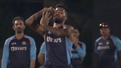 Hardik Pandya bowls during the nets. (BCCI/Twitter)