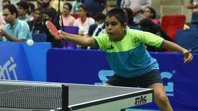 Soham Mukharjee in action at the Under-13 UTT National Ranking North Zone Table Tennis Championships at the Sports Complex, Sector 78, Mohali, on Thursday. (HT Photo)