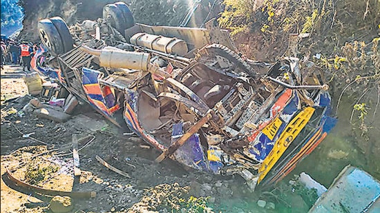 Wreckage of a bus that fell in J&K’s Doda on Thursday. (PTI)