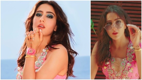 The gorgeous Sara Ali Khan opted for this pink floral bridal attire for her recent makeup brand shoot.(Instagram/@saraalikhan95)
