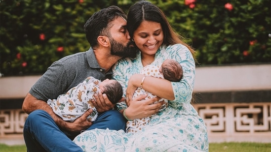 Dinesh Karthik, Dipika Pallikal and their newborns.&nbsp;(Twitter)