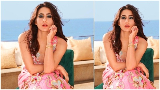 For makeup, Sara Ali Khan decided to go a little loud by adding a bright green colour to her eyelids and a peach shade on her lips.(Instagram/@saraalikhan95)