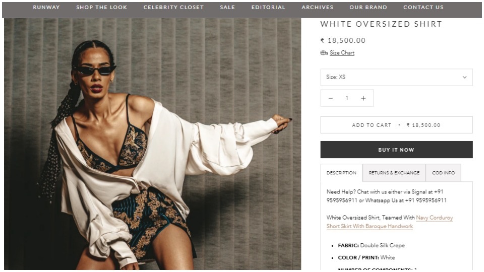 The ivory silk shirt is priced at ₹18K in the designer's official website.(https://nikitamhaisalkar.com/)