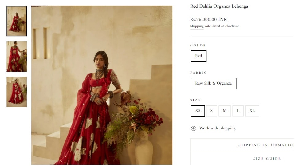 The lehenga adorned by Rasika in the picture is priced at ₹76K in the designer’s official website.(https://bhumikasharma.in/)