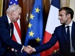 French President Emmanuel Macron (R) and US President Joe Biden (L) shake hands during their meeting at the French Embassy to the Vatican in Rome. French President Emmanuel Macron (R) and US President Joe Biden (L) shake hands during their meeting at the French Embassy to the Vatican in Rome.