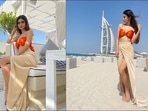 Mouni Roy makes jaws drop in orange bralette, thigh slit beige skirt at Dubai(Instagram/imouniroy) Mouni Roy makes jaws drop in orange bralette, thigh slit beige skirt at Dubai(Instagram/imouniroy)