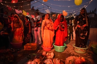 Women perform rituals during Chhath Puja celebrations at Baba Farid Puri in New Delhi in this file photo from 2020. (Sanchit Khanna/ Hindustan Times) Women perform rituals during Chhath Puja celebrations at Baba Farid Puri in New Delhi in this file photo from 2020. (Sanchit Khanna/ Hindustan Times)