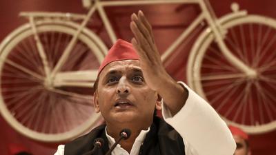 Samajwadi Party chief Akhilesh Yadav addresses a press conference at party office in Lucknow on October 25, 2021. (PTI)