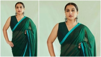 Vidya Balan teamed this beautiful Mul green and blue saree with a green sleeveless blouse. (Instagram/@balanvidya) Vidya Balan teamed this beautiful Mul green and blue saree with a green sleeveless blouse. (Instagram/@balanvidya)