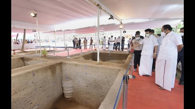 Tamil Nadu CM MK Stalin during his visit to excavation sites at Keeladi in Sivaganga district on Friday. (PTI)